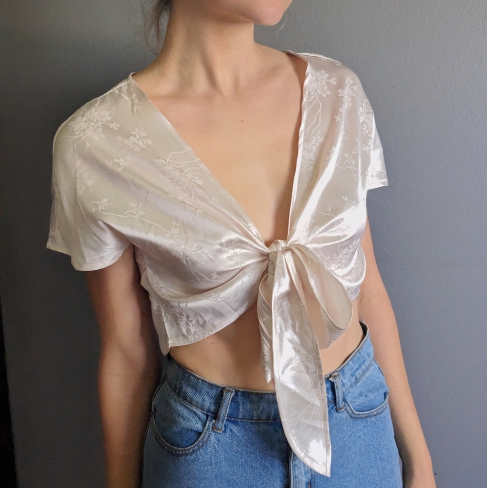 White silky floral jacquard tie front top